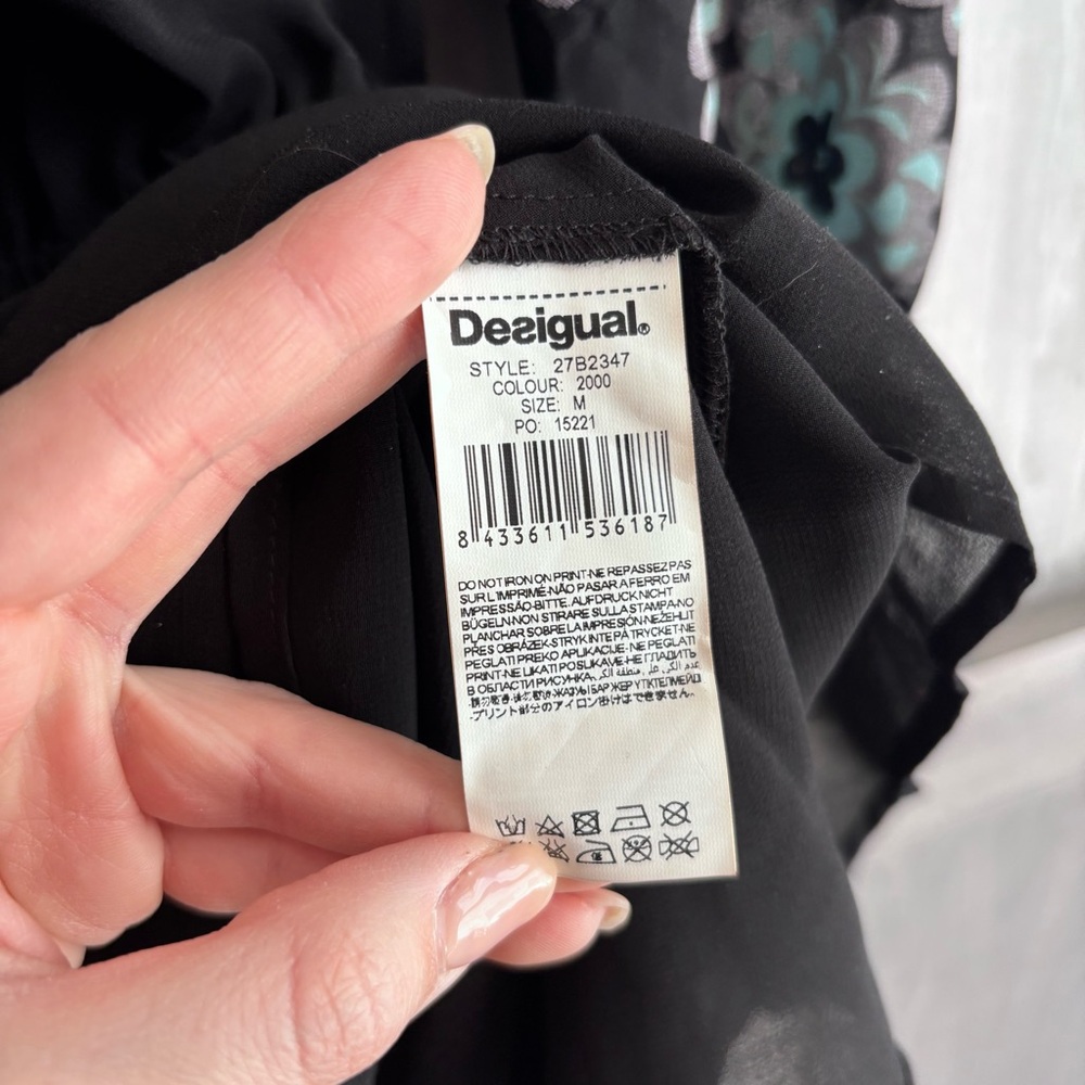 DESIGUAL Black Drop Waist‎ Flowy Dress Printed sleeves Size M - Picture 11 of 14